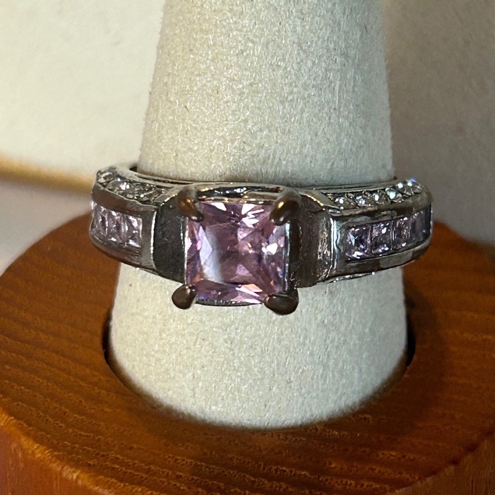 Sterling Silver 925 Pink Princess Cut Baguette Statement Ring Size 8